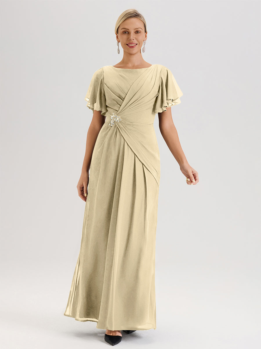 Cicinia Robe Pour Mère De La Mariée En Chocolat Longueur Au Sol En Chiffon Col Rond À Manches Courtes Volantées