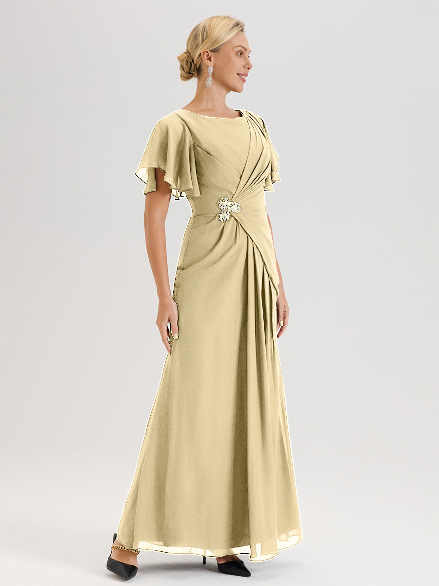 Cicinia Robe Pour Mère De La Mariée Champagne Longueur Au Sol En Chiffon Col Rond À Manches Courtes Volantées