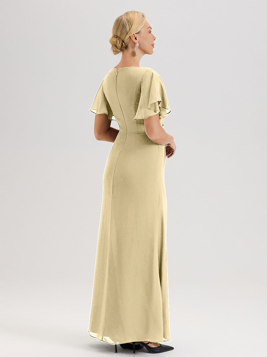 Cicinia Robe Pour Mère De La Mariée Champagne Longueur Au Sol En Chiffon Col Rond À Manches Courtes Volantées