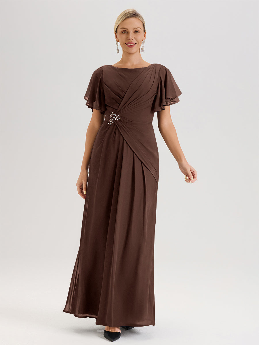 Cicinia Robe Pour Mère De La Mariée Noir Longueur Au Sol En Chiffon Col Rond À Manches Courtes Volantées