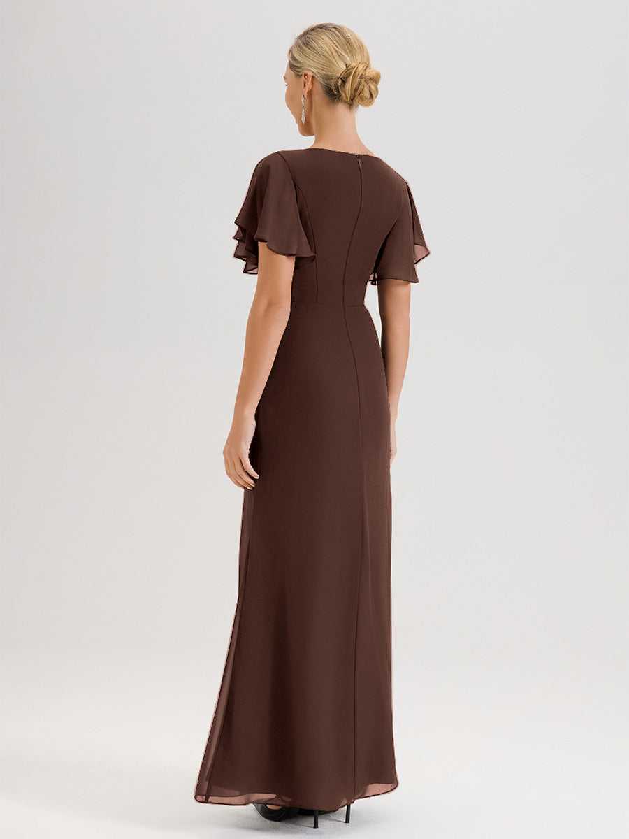 Cicinia Robe Pour Mère De La Mariée En Chocolat Longueur Au Sol En Chiffon Col Rond À Manches Courtes Volantées