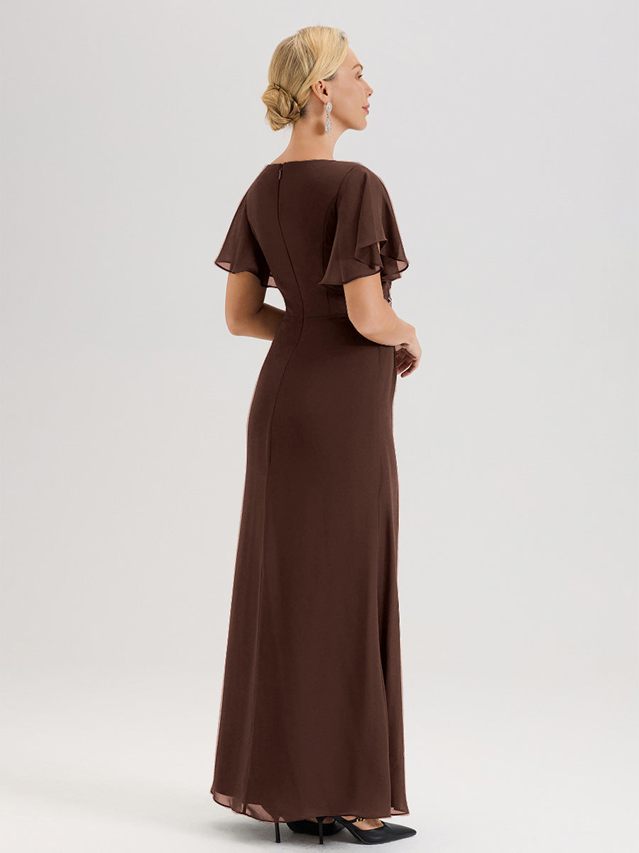 Cicinia Robe Pour Mère De La Mariée En Chocolat Longueur Au Sol En Chiffon Col Rond À Manches Courtes Volantées