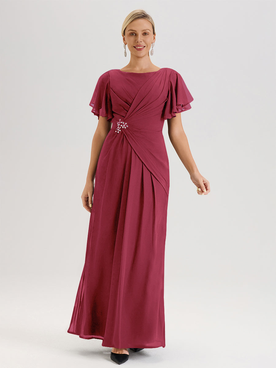 Cicinia Robe Pour Mère De La Mariée Champagne Longueur Au Sol En Chiffon Col Rond À Manches Courtes Volantées