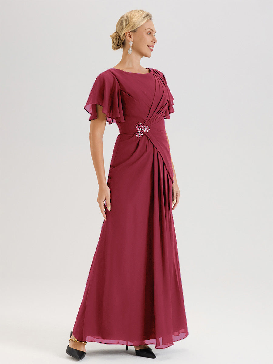 Cicinia Robe Pour Mère De La Mariée Rose Cannelle Longueur Au Sol En Chiffon Col Rond À Manches Courtes Volantées