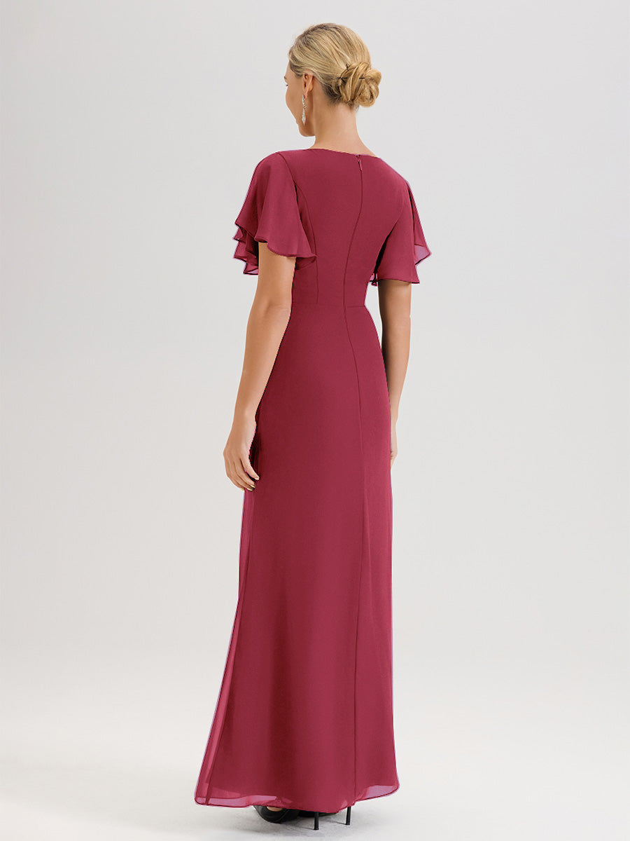 Cicinia Robe Pour Mère De La Mariée Rose Cannelle Longueur Au Sol En Chiffon Col Rond À Manches Courtes Volantées