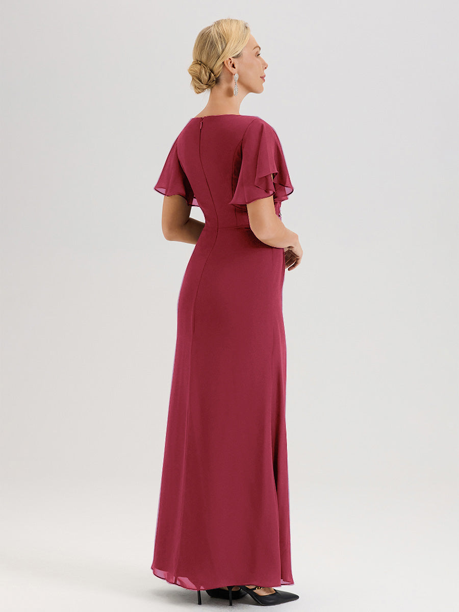 Cicinia Robe Pour Mère De La Mariée Rose Cannelle Longueur Au Sol En Chiffon Col Rond À Manches Courtes Volantées