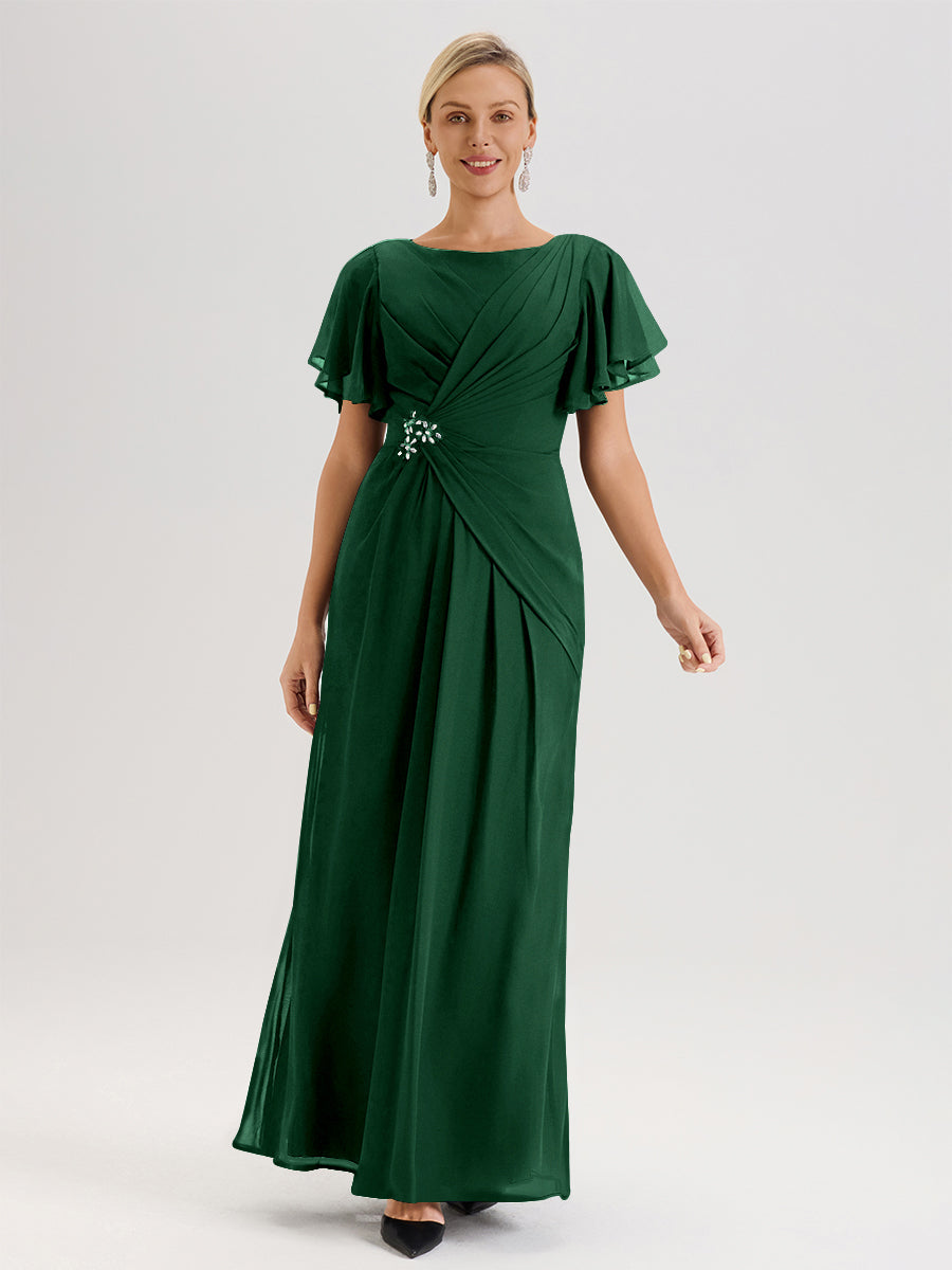 Cicinia Robe Pour Mère De La Mariée Vert Foncé Longueur Au Sol En Chiffon Col Rond À Manches Courtes Volantées