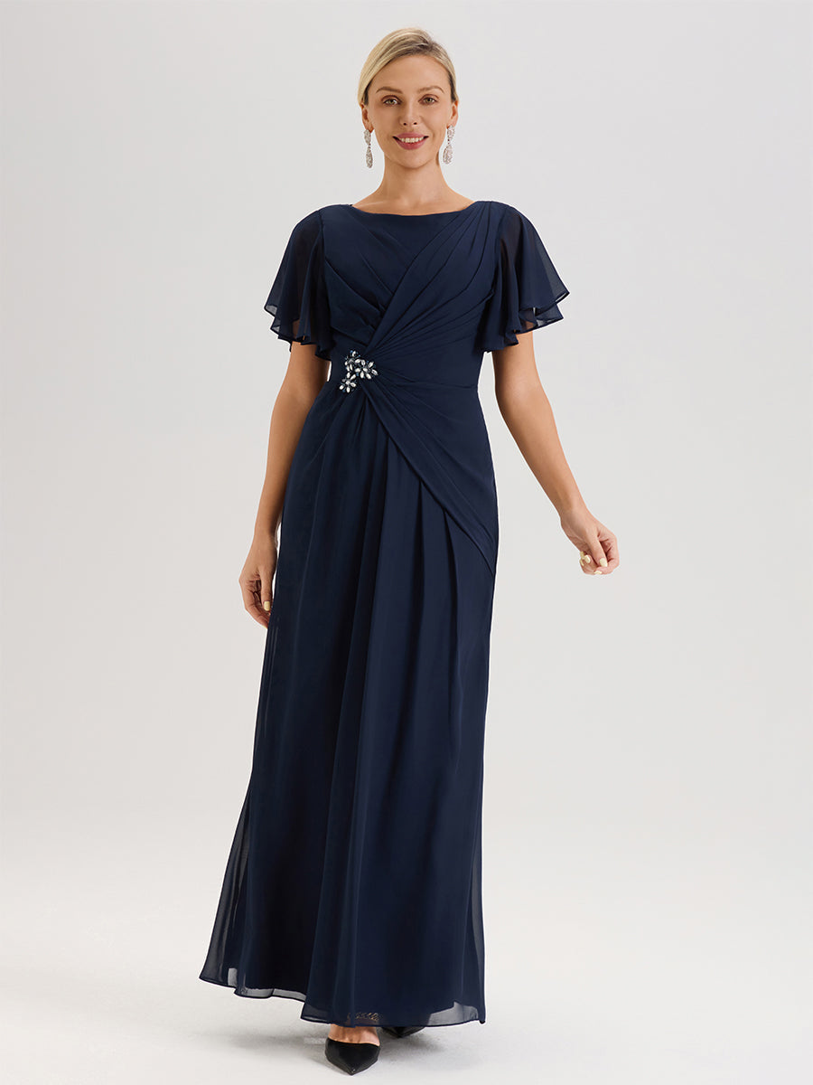 Cicinia Robe Pour Mère De La Mariée Bleu Marine Longueur Au Sol En Chiffon Col Rond À Manches Courtes Volantées