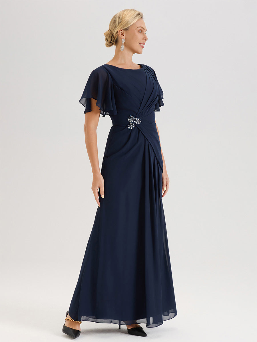 Cicinia Robe Pour Mère De La Mariée Bleu Marine Longueur Au Sol En Chiffon Col Rond À Manches Courtes Volantées