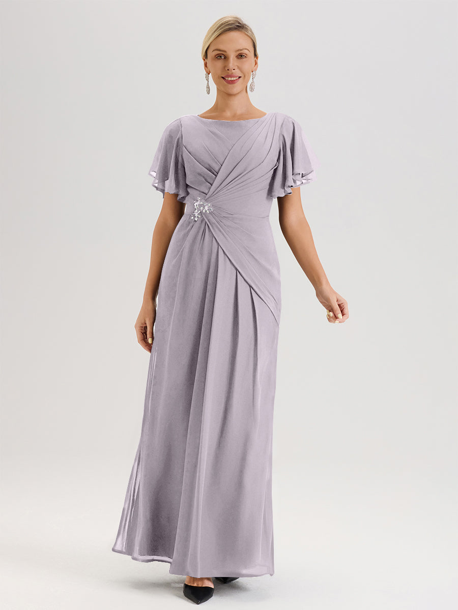 Cicinia Robe Pour Mère De La Mariée Rose Fuchsia Longueur Au Sol En Chiffon Col Rond À Manches Courtes Volantées