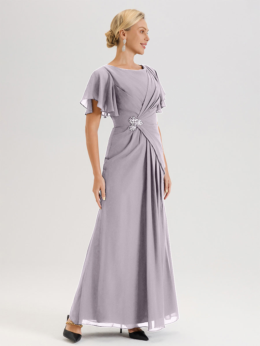 Cicinia Robe Pour Mère De La Mariée Crépuscule Longueur Au Sol En Chiffon Col Rond À Manches Courtes Volantées