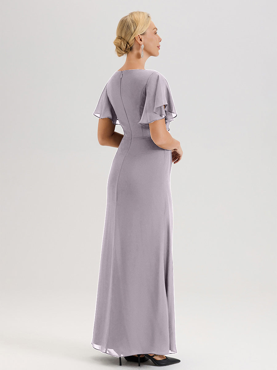 Cicinia Robe Pour Mère De La Mariée Crépuscule Longueur Au Sol En Chiffon Col Rond À Manches Courtes Volantées