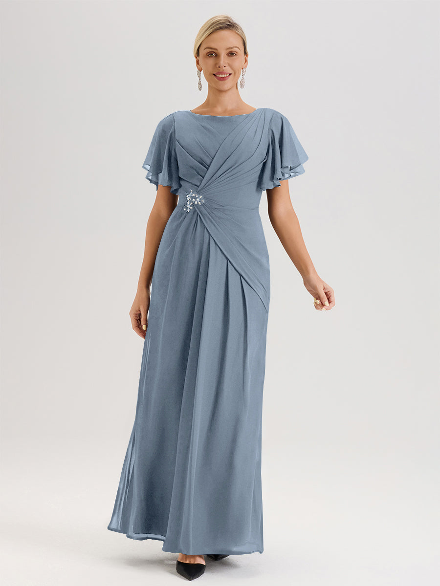 Cicinia Robe Pour Mère De La Mariée Bleu Poudre Longueur Au Sol En Chiffon Col Rond À Manches Courtes Volantées