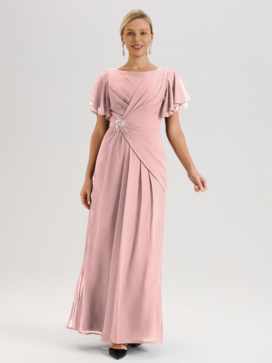 Cicinia Robe Pour Mère De La Mariée Crépuscule Longueur Au Sol En Chiffon Col Rond À Manches Courtes Volantées