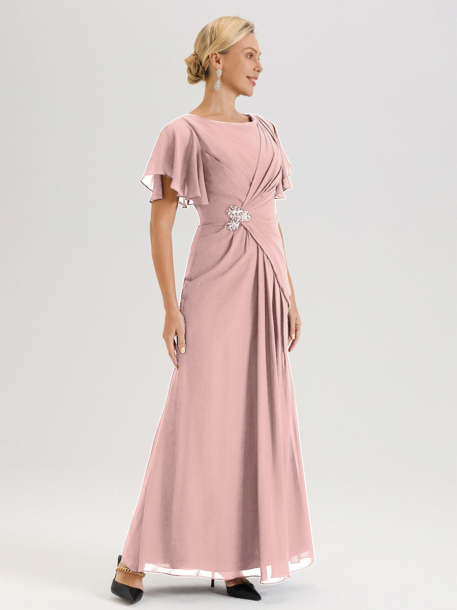 Cicinia Robe Pour Mère De La Mariée Rose Poudrée Longueur Au Sol En Chiffon Col Rond À Manches Courtes Volantées