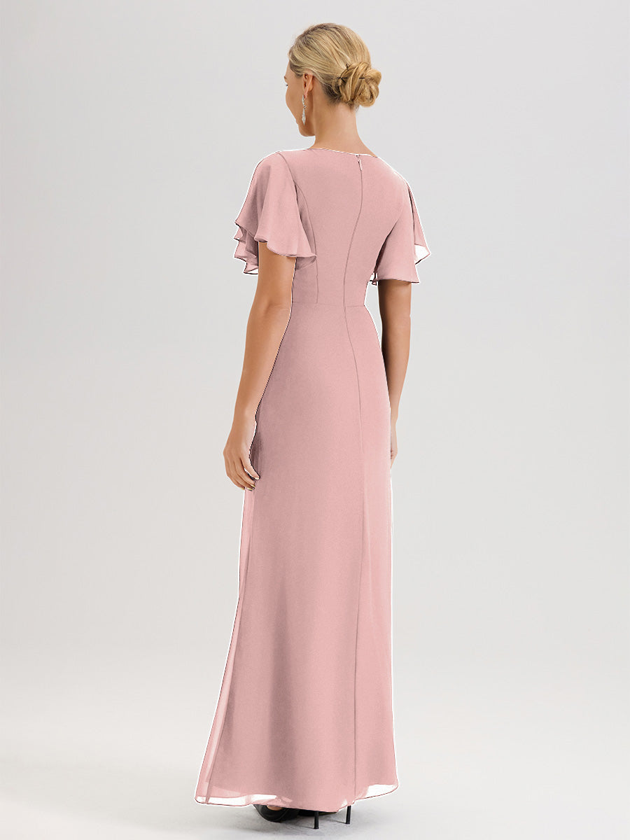 Cicinia Robe Pour Mère De La Mariée Rose Poudrée Longueur Au Sol En Chiffon Col Rond À Manches Courtes Volantées