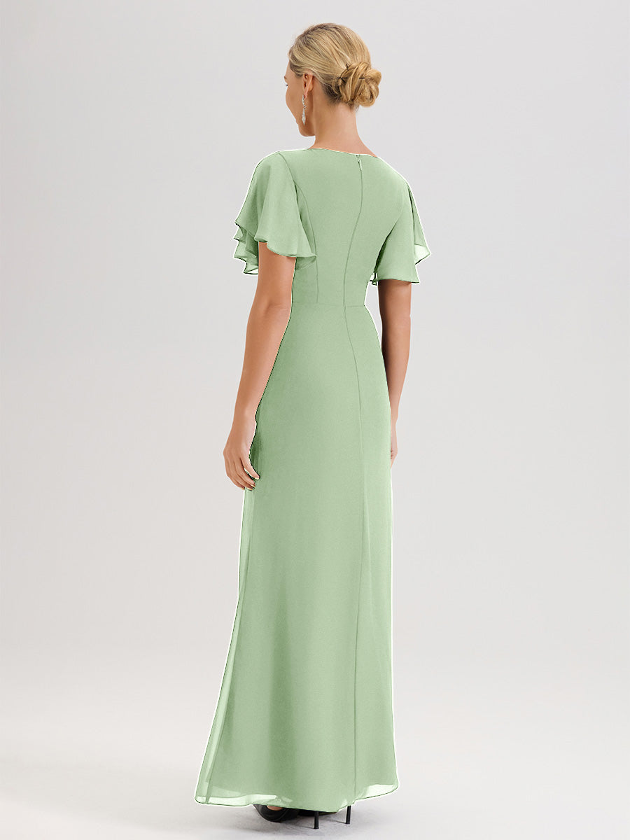 Cicinia Robe Pour Mère De La Mariée Sauge Poudre Longueur Au Sol En Chiffon Col Rond À Manches Courtes Volantées
