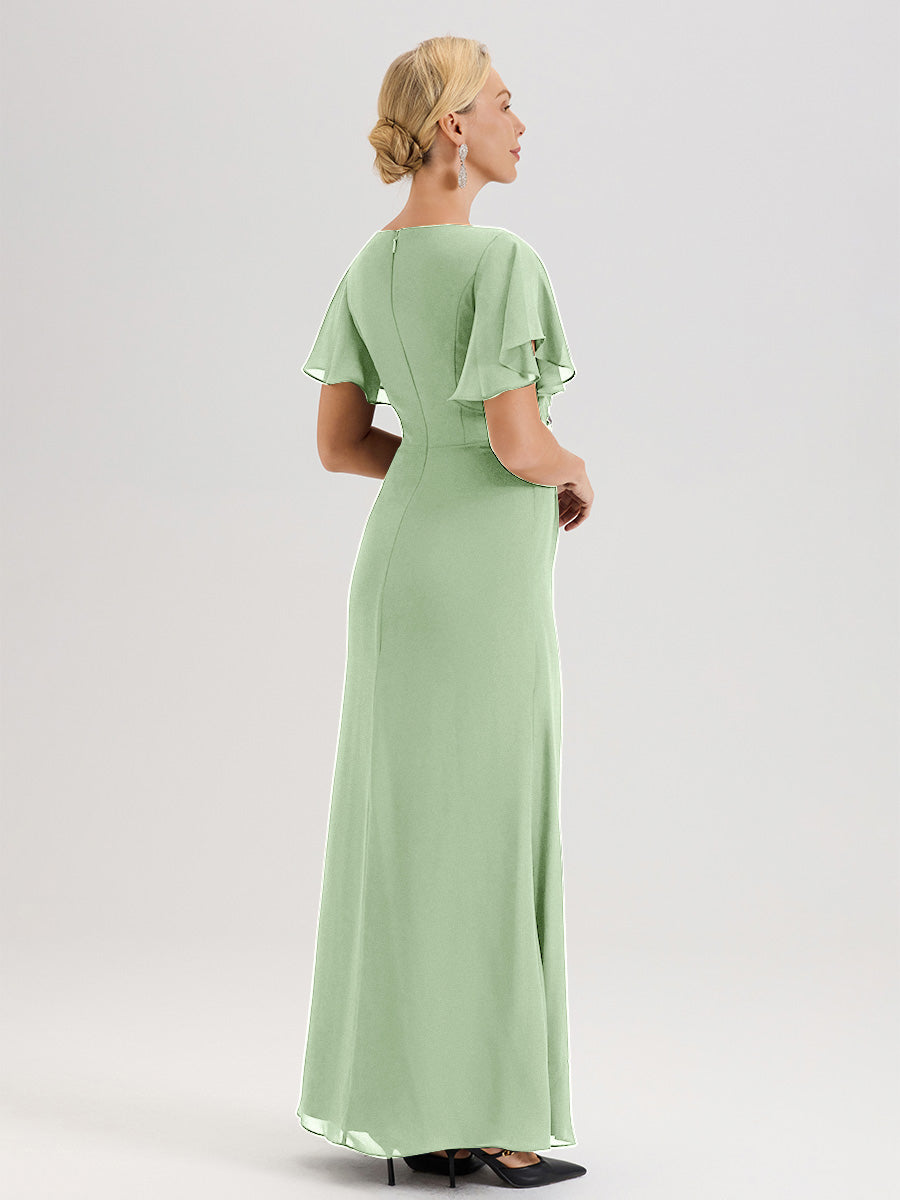 Cicinia Robe Pour Mère De La Mariée Sauge Poudre Longueur Au Sol En Chiffon Col Rond À Manches Courtes Volantées