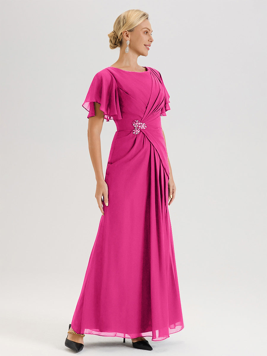 Cicinia Robe Pour Mère De La Mariée Rose Fuchsia Longueur Au Sol En Chiffon Col Rond À Manches Courtes Volantées