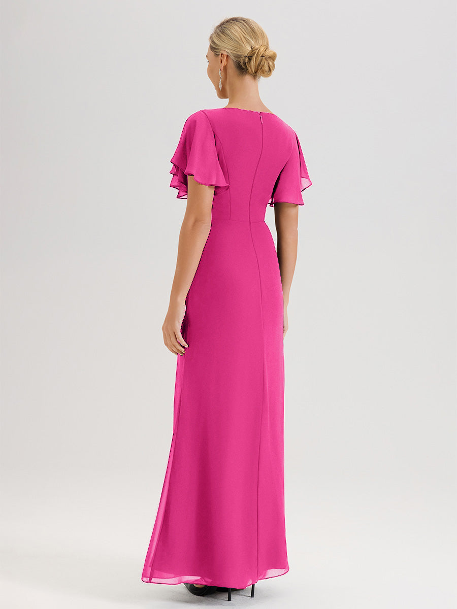 Cicinia Robe Pour Mère De La Mariée Rose Fuchsia Longueur Au Sol En Chiffon Col Rond À Manches Courtes Volantées
