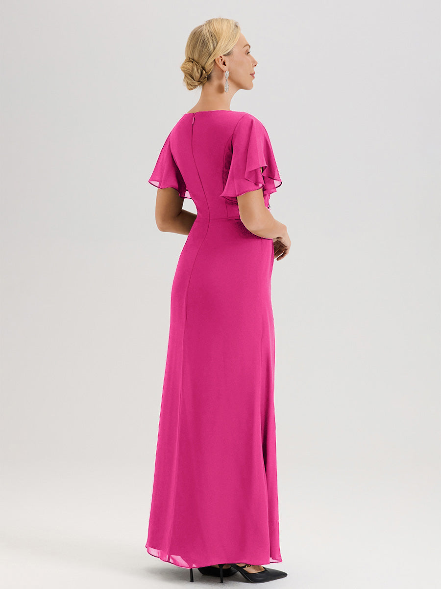 Cicinia Robe Pour Mère De La Mariée Rose Fuchsia Longueur Au Sol En Chiffon Col Rond À Manches Courtes Volantées