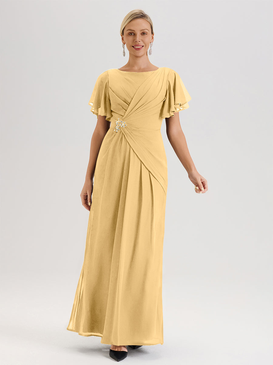 Cicinia Robe Pour Mère De La Mariée Argenté Longueur Au Sol En Chiffon Col Rond À Manches Courtes Volantées