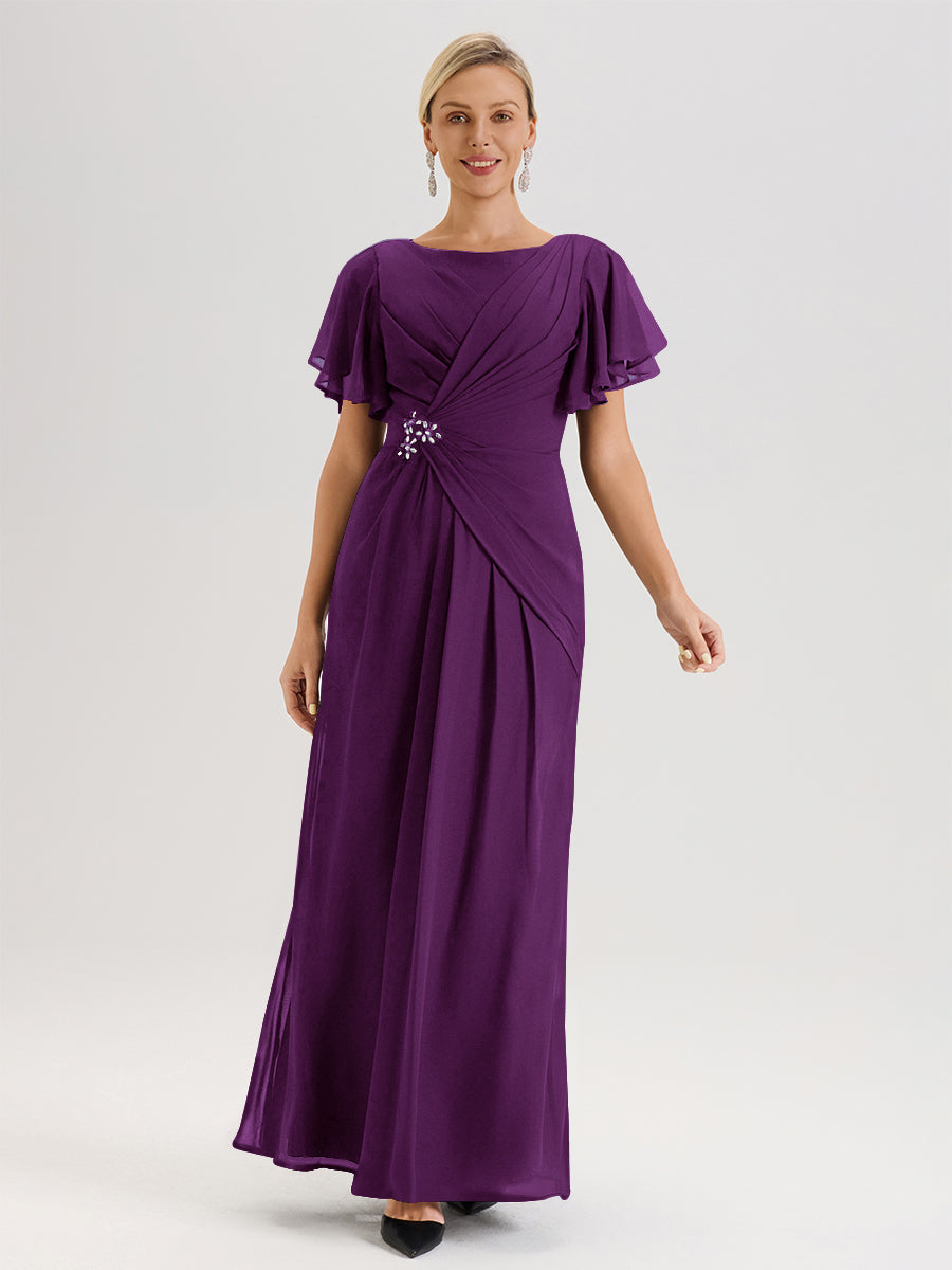Cicinia Robe Pour Mère De La Mariée Plum Longueur Au Sol En Chiffon Col Rond À Manches Courtes Volantées