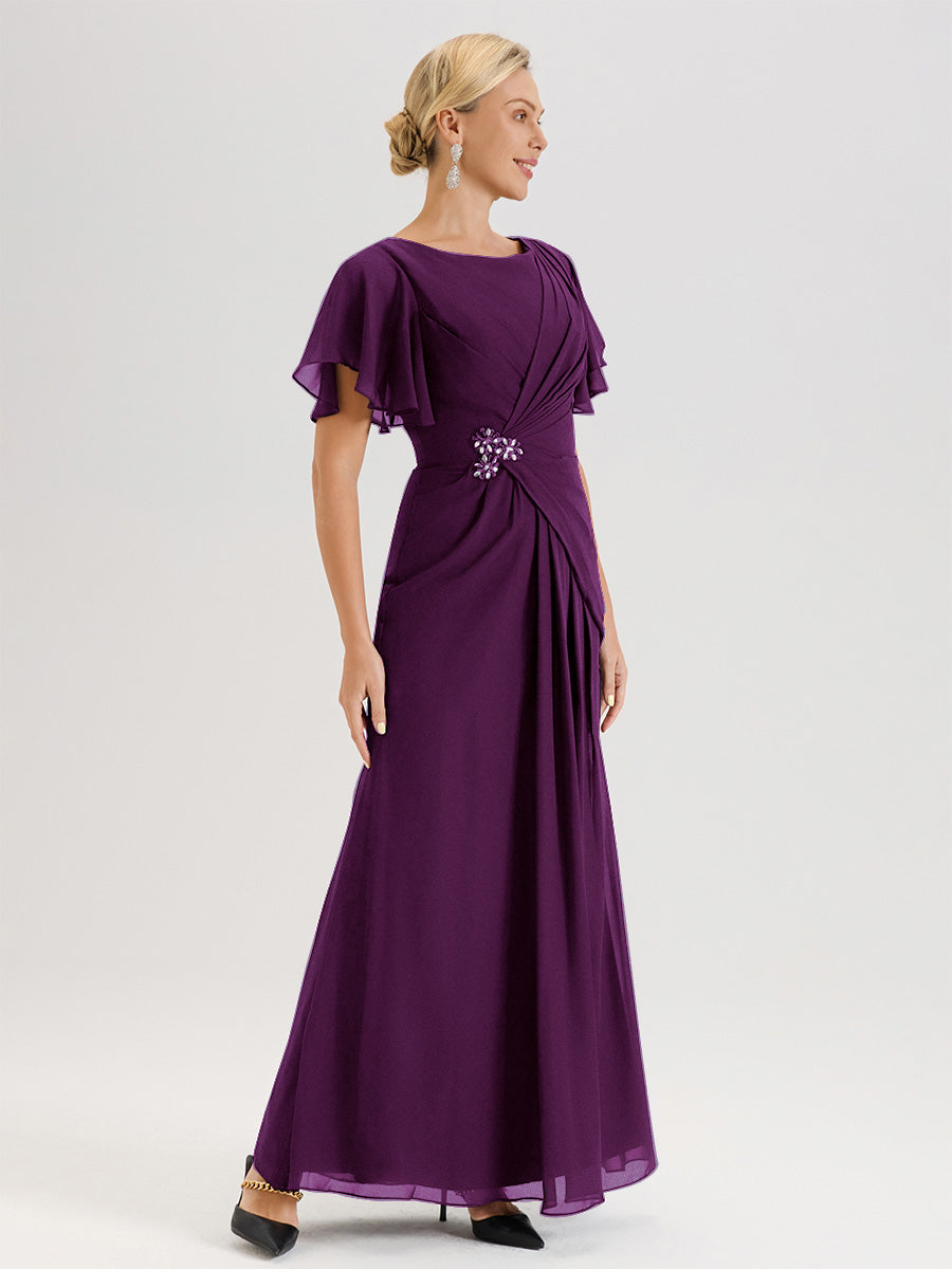 Cicinia Robe Pour Mère De La Mariée En Raisin Longueur Au Sol En Chiffon Col Rond À Manches Courtes Volantées