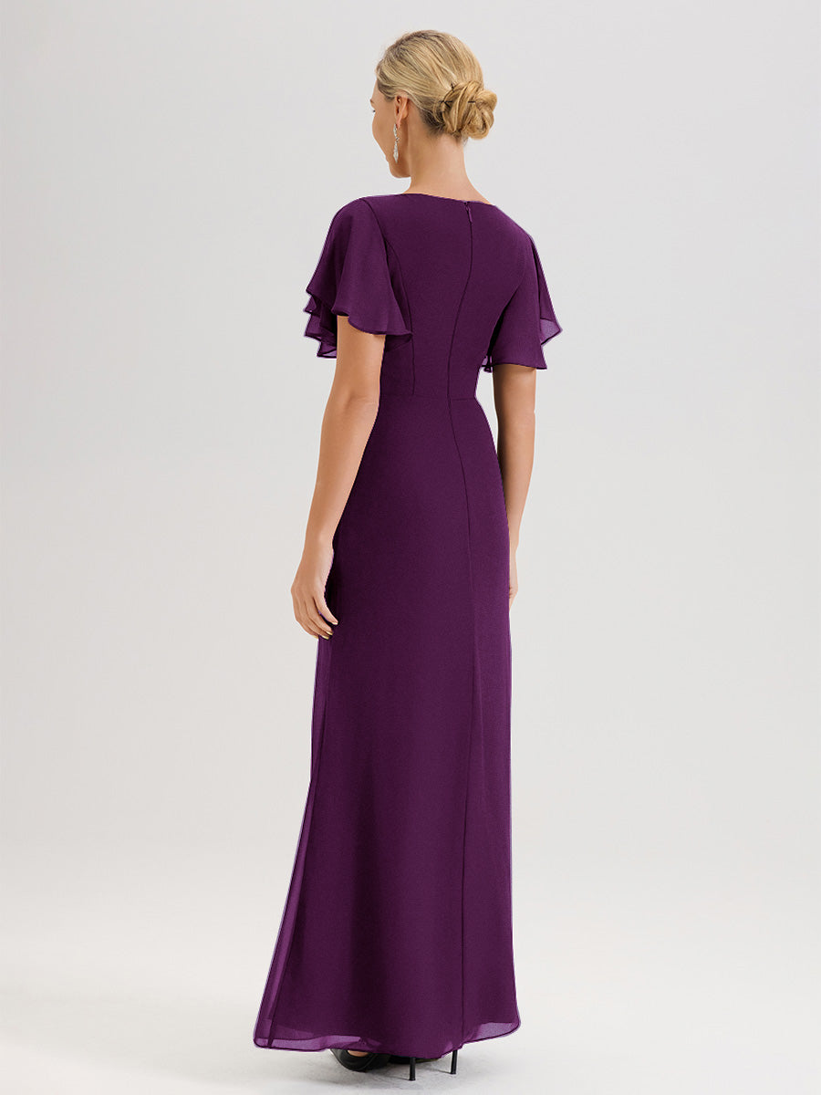 Cicinia Robe Pour Mère De La Mariée En Raisin Longueur Au Sol En Chiffon Col Rond À Manches Courtes Volantées