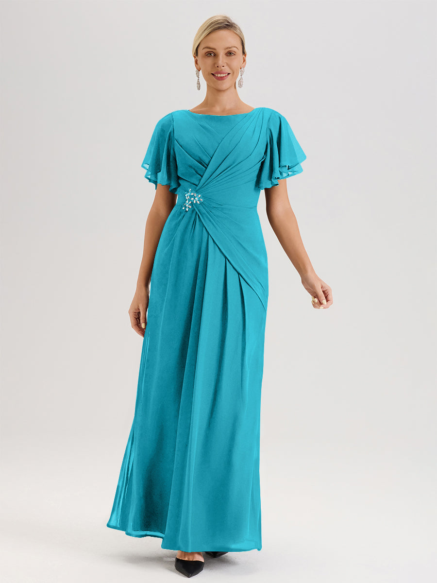 Cicinia Robe Pour Mère De La Mariée Jade Longueur Au Sol En Chiffon Col Rond À Manches Courtes Volantées
