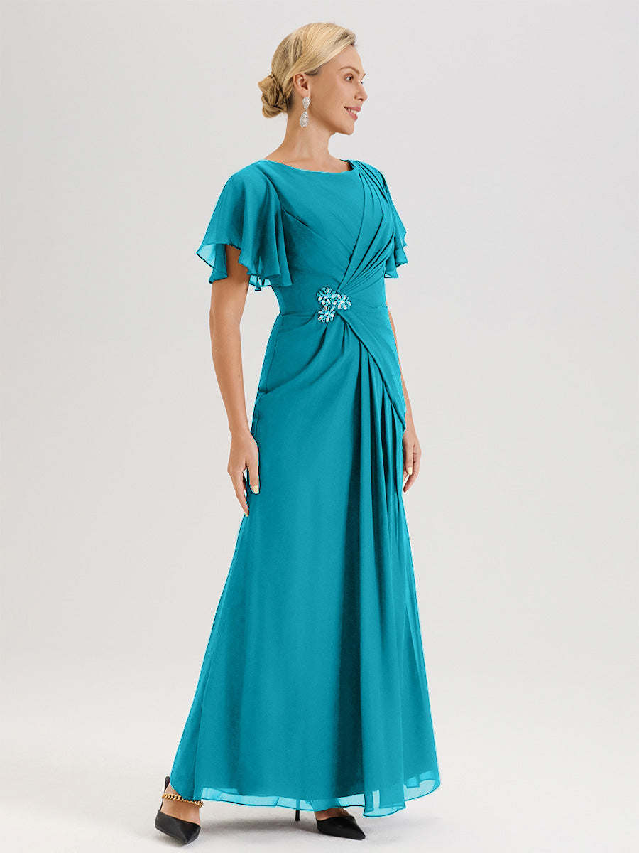 Cicinia Robe Pour Mère De La Mariée Jade Longueur Au Sol En Chiffon Col Rond À Manches Courtes Volantées