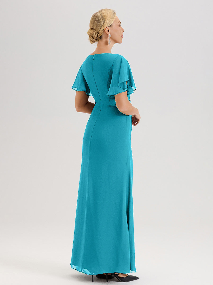 Cicinia Robe Pour Mère De La Mariée Jade Longueur Au Sol En Chiffon Col Rond À Manches Courtes Volantées