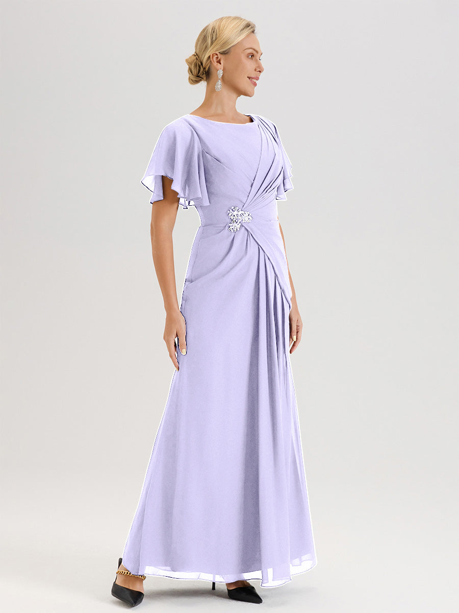 Cicinia Robe Pour Mère De La Mariée Lilas Longueur Au Sol En Chiffon Col Rond À Manches Courtes Volantées
