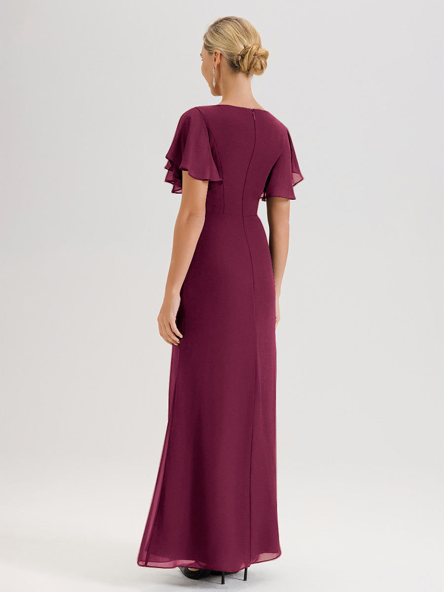 Cicinia Robe Pour Mère De La Mariée Mûre Longueur Au Sol En Chiffon Col Rond À Manches Courtes Volantées