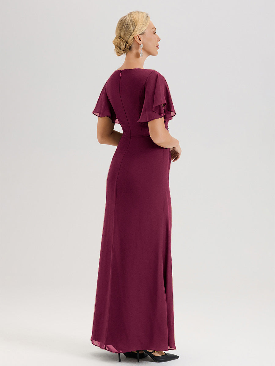 Cicinia Robe Pour Mère De La Mariée Mûre Longueur Au Sol En Chiffon Col Rond À Manches Courtes Volantées