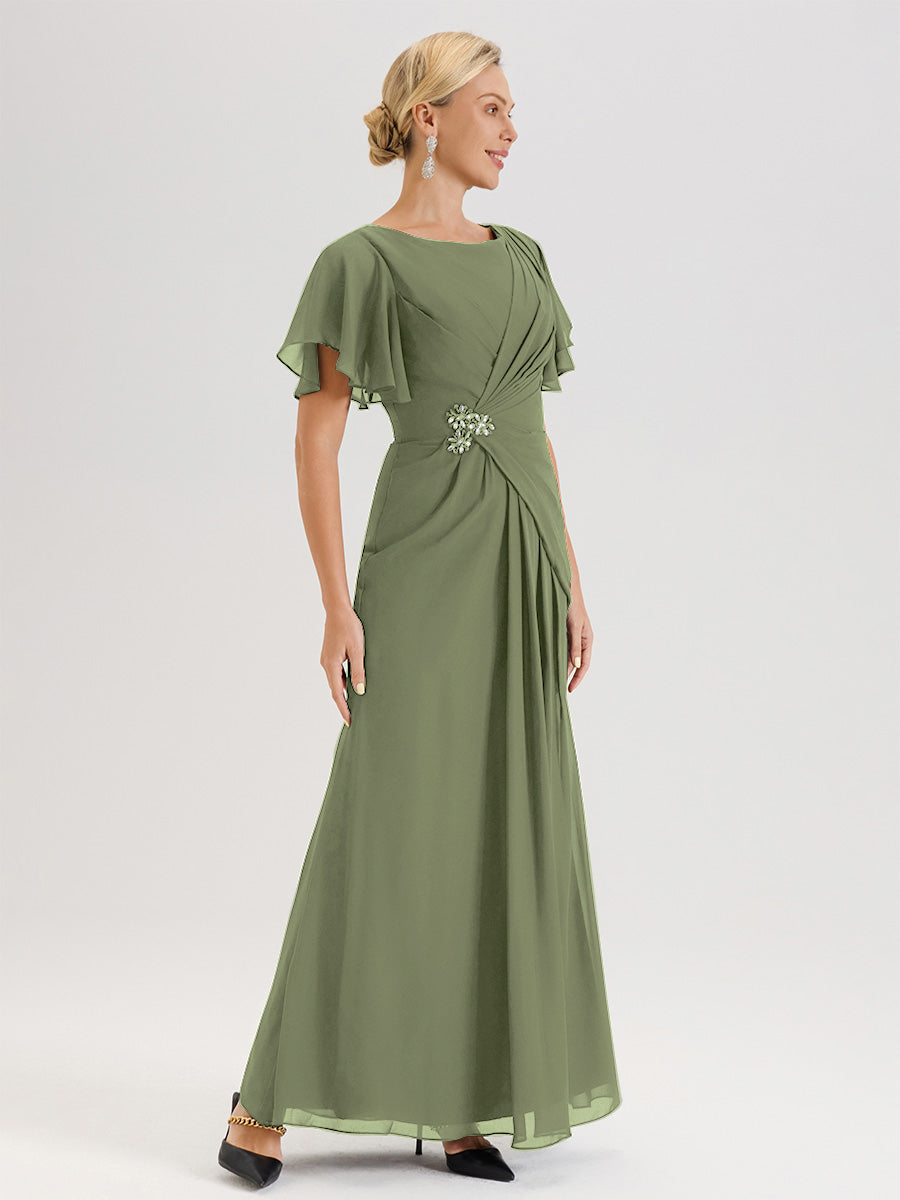 Cicinia Robe Pour Mère De La Mariée Vert Olive Longueur Au Sol En Chiffon Col Rond À Manches Courtes Volantées