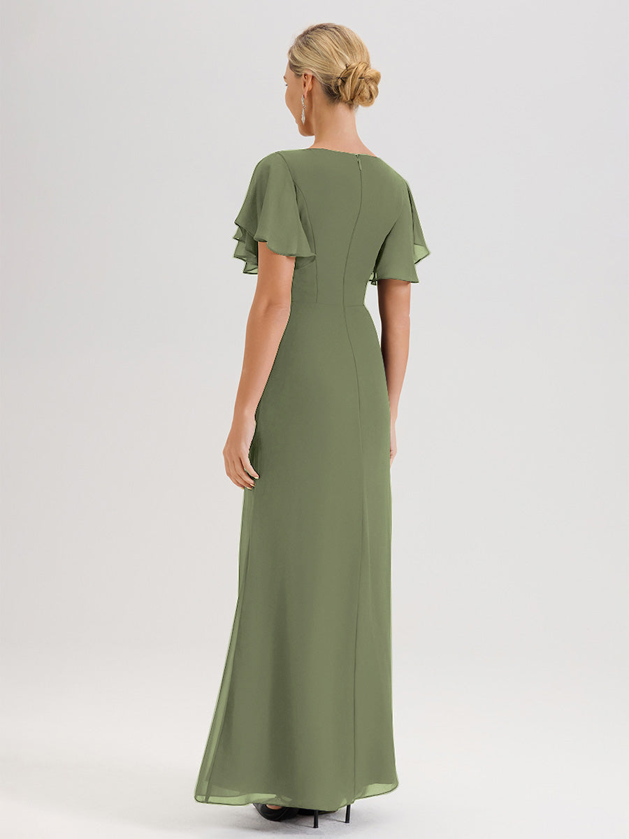 Cicinia Robe Pour Mère De La Mariée Vert Olive Longueur Au Sol En Chiffon Col Rond À Manches Courtes Volantées