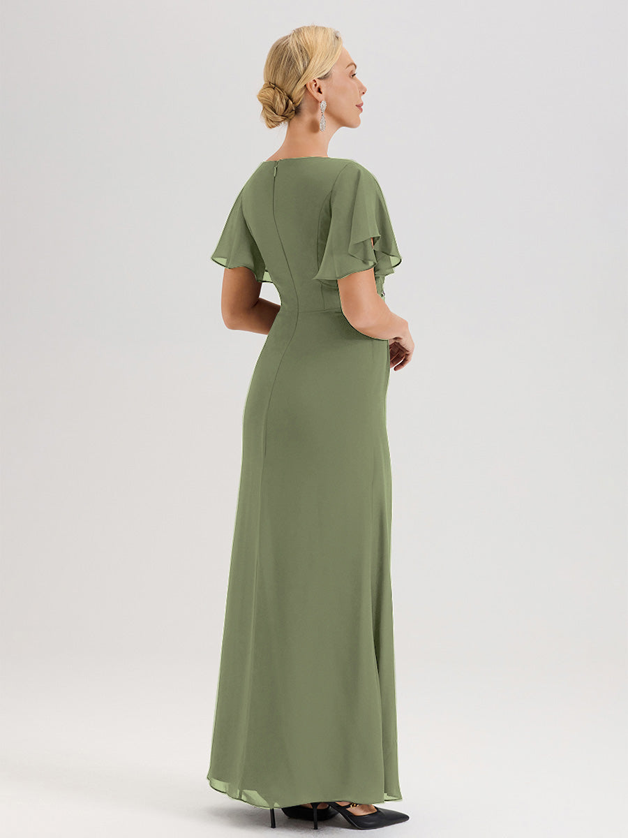Cicinia Robe Pour Mère De La Mariée Vert Olive Longueur Au Sol En Chiffon Col Rond À Manches Courtes Volantées