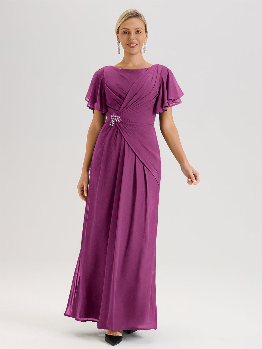 Cicinia Robe Pour Mère De La Mariée En Raisin Longueur Au Sol En Chiffon Col Rond À Manches Courtes Volantées