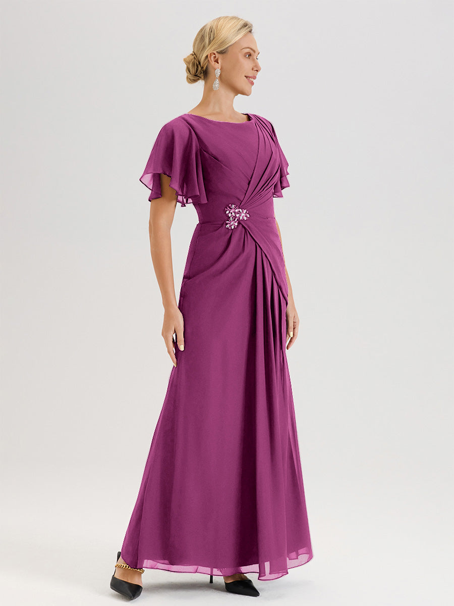 Cicinia Robe Pour Mère De La Mariée Orchidée Longueur Au Sol En Chiffon Col Rond À Manches Courtes Volantées
