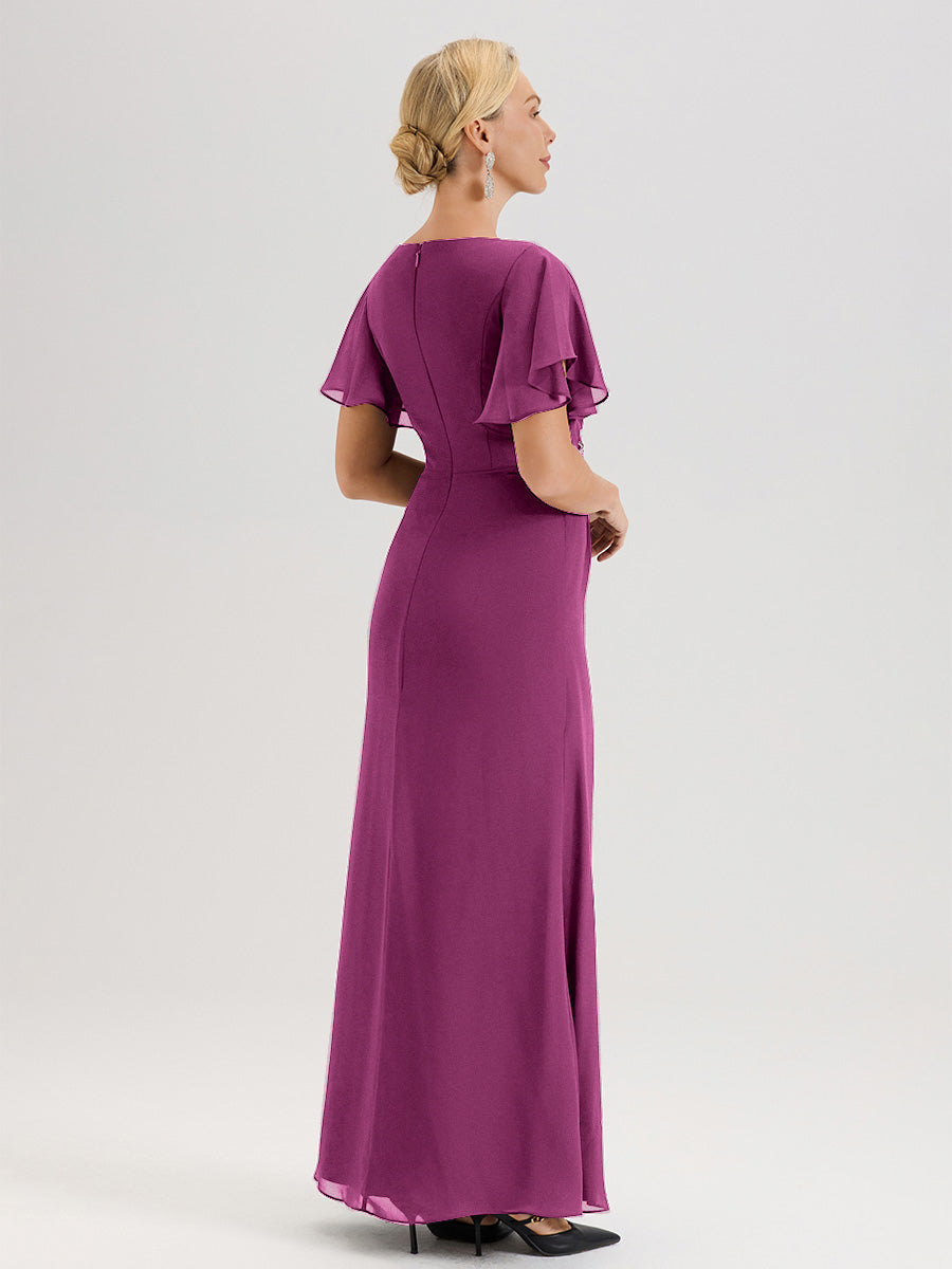 Cicinia Robe Pour Mère De La Mariée Orchidée Longueur Au Sol En Chiffon Col Rond À Manches Courtes Volantées