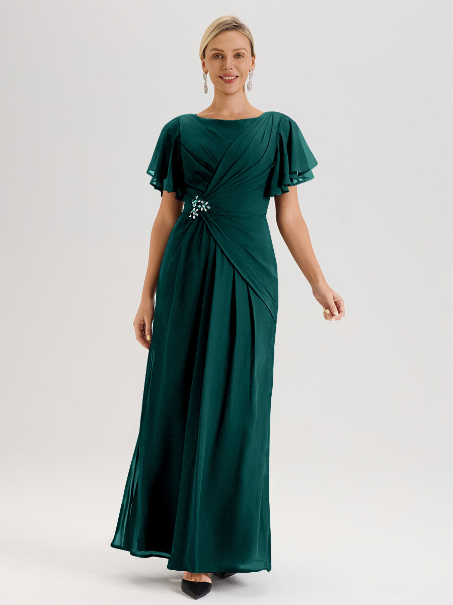 Cicinia Robe Pour Mère De La Mariée Couleur Paon Longueur Au Sol En Chiffon Col Rond À Manches Courtes Volantées