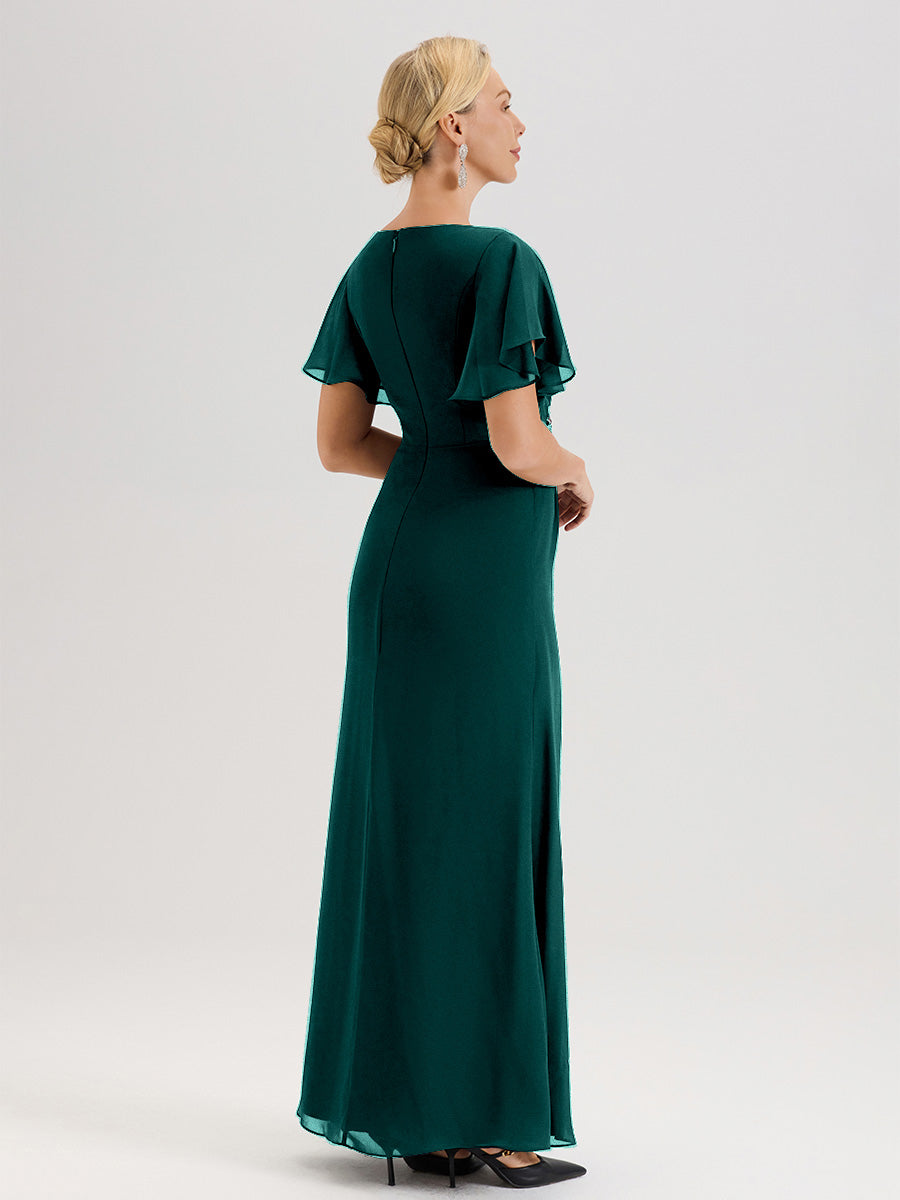 Cicinia Robe Pour Mère De La Mariée Couleur Paon Longueur Au Sol En Chiffon Col Rond À Manches Courtes Volantées