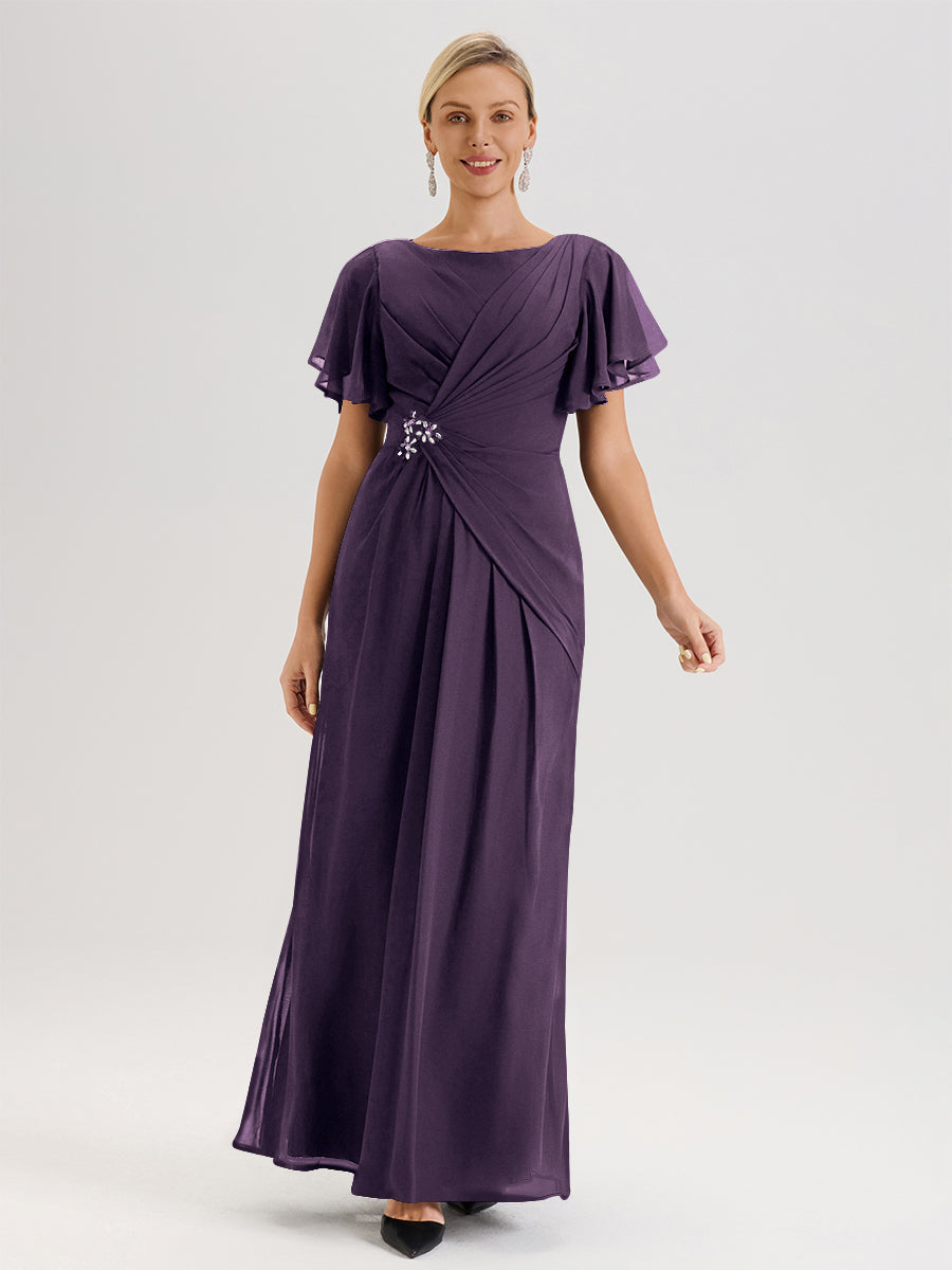 Cicinia Robe Pour Mère De La Mariée En Régence Longueur Au Sol En Chiffon Col Rond À Manches Courtes Volantées