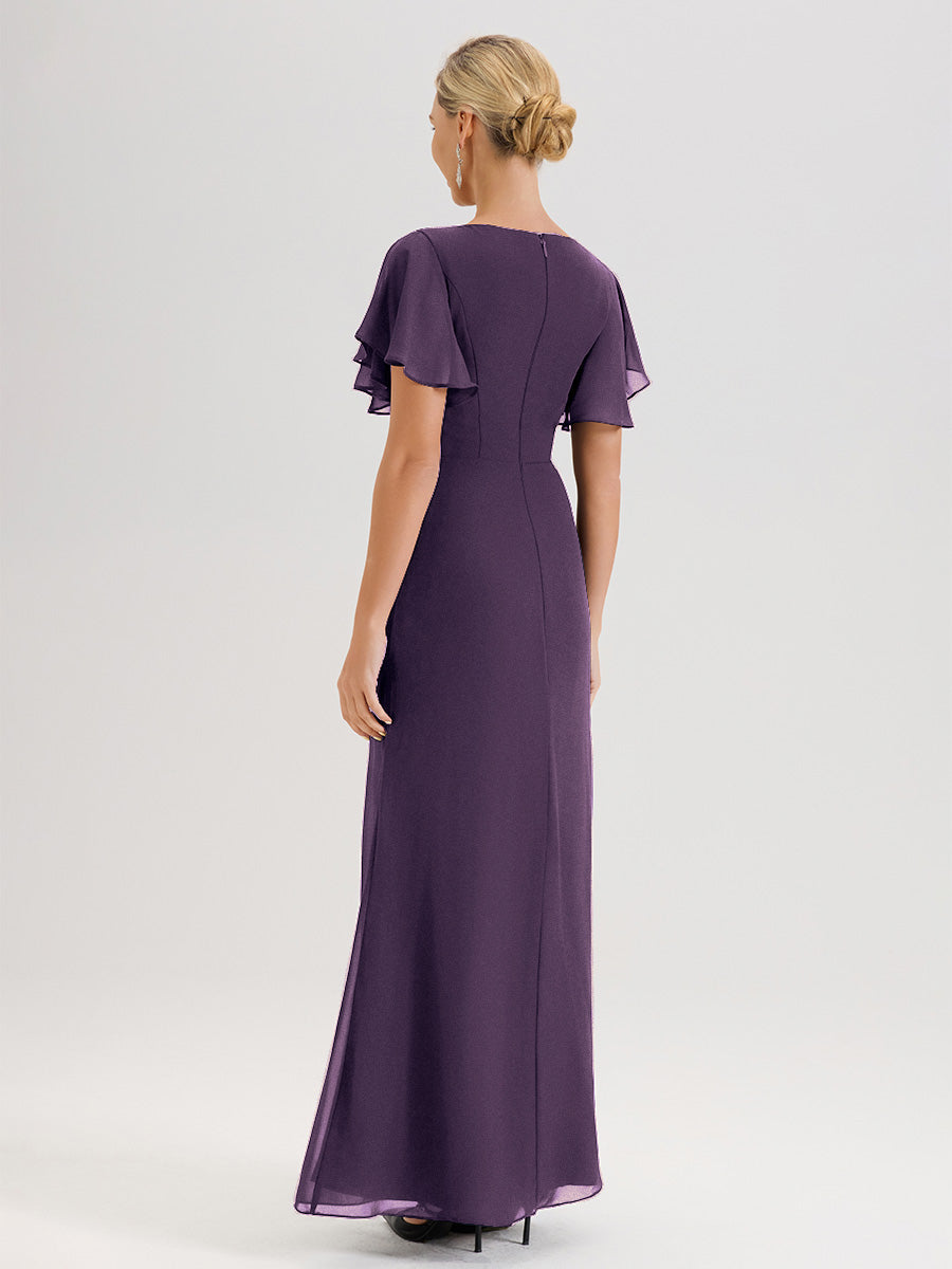 Cicinia Robe Pour Mère De La Mariée Plum Longueur Au Sol En Chiffon Col Rond À Manches Courtes Volantées