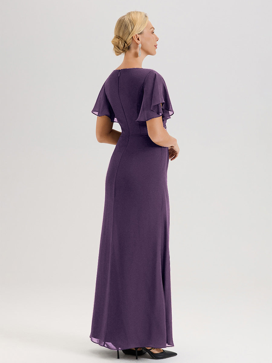 Cicinia Robe Pour Mère De La Mariée Plum Longueur Au Sol En Chiffon Col Rond À Manches Courtes Volantées