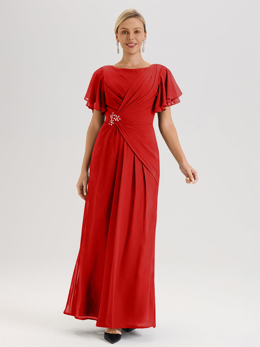 Cicinia Robe Pour Mère De La Mariée Rouge Longueur Au Sol En Chiffon Col Rond À Manches Courtes Volantées