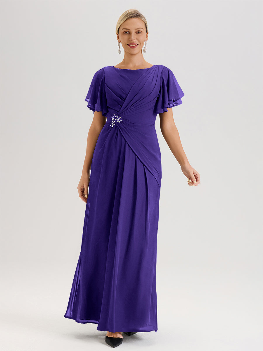 Cicinia Robe Pour Mère De La Mariée En Or Longueur Au Sol En Chiffon Col Rond À Manches Courtes Volantées