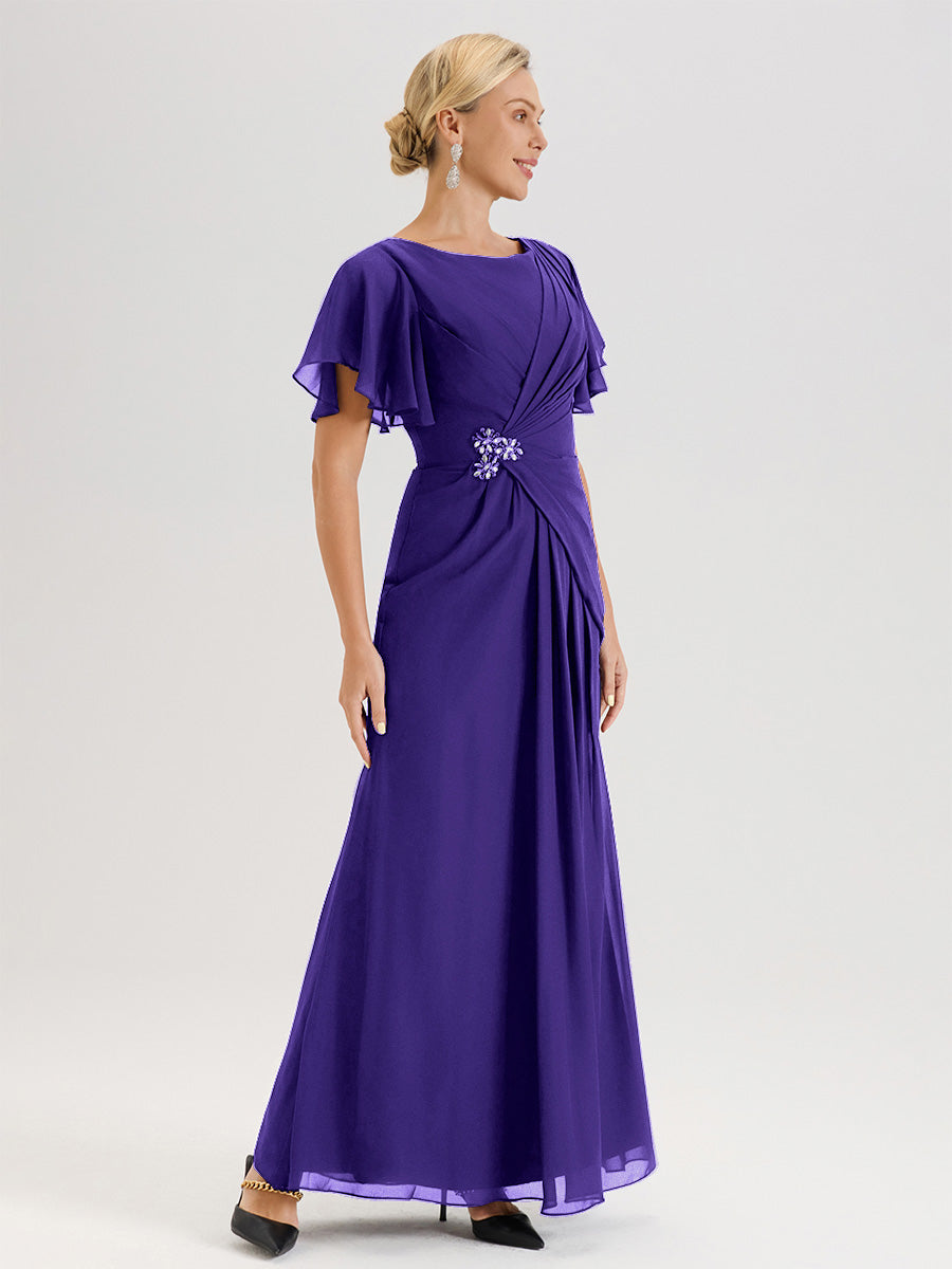Cicinia Robe Pour Mère De La Mariée En Régence Longueur Au Sol En Chiffon Col Rond À Manches Courtes Volantées