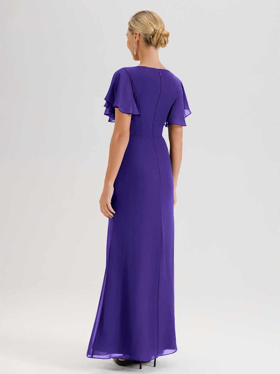 Cicinia Robe Pour Mère De La Mariée En Régence Longueur Au Sol En Chiffon Col Rond À Manches Courtes Volantées